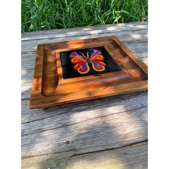 Vintage MCM Teak Wood Style Footed Tray Trivet Tile Butterfly - Picture 6 of 14